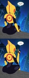 1girls big_hero_6 big_hero_6:_the_series black_hair bodysuit disney disney_channel gogo_tomago marvel marvel_comics mehefin013 meme sitting speech_bubble superheroine viewed_from_behind you_may_spank_it_once_(meme)