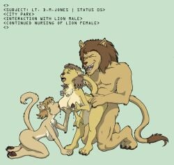 2013 anthro anymouse1968 bodily_fluids breastfeeding_during_sex brown_body brown_fur brown_hair brown_lips claws dark_nipples digital_media_(artwork) felid female female/female from_behind_position fur group hair lactating lion lips long_tail male male/female mammal milk pantherine sex simple_background source_request tail trio