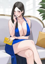 1girls bag big_breasts black_hair blue_dress bracelet clothed dark_hair dress earrings female female_only looking_left sitting sitting_on_sofa sofa takoneru