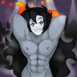 background black_hair face_paint gay grey_skin hiveswap homestuck horns long_hair male marvus_xoloto muscles naked pecs pole six_pack solo strip_club sweat