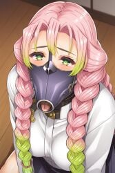 ai_generated bondage corruption demon_slayer face_focus fellatio_mask fetish fully_clothed green_eyes innocent_expression kanroji_mitsuri kimetsu_no_yaiba mask masked milf pink_hair tongue