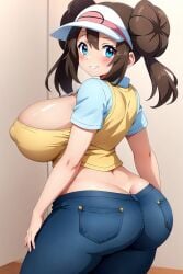 ai_generated ass_focus big_ass blue_jeans blush brown_hair bursting_butt busty cleavage creatures_(company) crop_top curvy denim_jeans female female female_only from_behind from_side game_freak hair_buns hi_res highres huge_breasts jeans midriff nintendo pokemon pokemon_(game) pokemon_bw2 pokemon_trainer rosa_(pokemon) seraphim_ai smile solo stable_diffusion tight_jeans visor