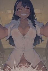 1futa 2d ai_generated below_view big_breasts big_penis black_hair blowjob bottomless brat breasts civitai cleavage clenched_teeth cum cum_in_mouth cum_splatter cumming cumming_in_mouth deepthroat excessive_cum fellatio from_below futanari grin grinning hair_clip hayase_nagatoro holding_head indoors long_hair looking_at_viewer motion_lines naughty naughty_face naughty_smile oral oral_sex penis please_don't_bully_me,_nagatoro pov self_upload shirt short_sleeves smile solo standing taker_pov tan tanned tanned_skin unbuttoned_shirt wide_smile yellow_eyes