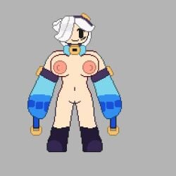 1girls big_breasts brawl_stars colette_(brawl_stars) grey_background pixel_art pumpkinz6 pussy solo_female white_hair