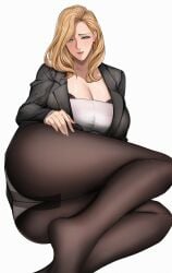 1female 1girls ass big_ass big_breasts big_butt blonde_hair breasts cleavage clothed female female_only fully_clothed green_eyes huge_breasts looking_at_viewer looking_down lying manna_(pixiv8805037) mature mature_body mature_female mature_figure mature_woman milf mommy office_lady pantyhose solo solo_female thick thick_ass thick_thighs thighs voluptuous voluptuous_female white_background wide_hips