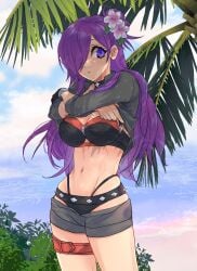 1girls alternate_costume beach bikini black_bikini black_choker black_swimsuit breasts bryminoru choker cleavage female female female_only fire_emblem fire_emblem:_three_houses fire_emblem_heroes fire_emblem_warriors:_three_hopes flower hair_flower hair_ornament hair_over_one_eye hibiscus highres medium_breasts navel nintendo ocean official_alternate_costume outdoors purple_eyes purple_hair shez_(female)_(fire_emblem) shez_(female)_(summer)_(fire_emblem) shez_(fire_emblem) solo stomach swimsuit undressing water white_flower