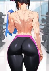 1girls abs ai_generated ass ass_focus back back_view backboob bare_arms bare_shoulders big_ass big_breasts big_butt black_hair breasts capcom clothed clothing color ded_173 dumbbell female female_focus female_only fit_female gym gym_clothes gym_uniform hi_res juri_han large_breasts light-skinned_female light_skin muscles muscular muscular_back muscular_female purple_eyes short_hair solo solo_female street_fighter sweat tagme thick_thighs thigh_gap topless yoga_pants