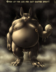 belly body_hair chest_hair claws demon egg fog horn lagomorph male mammal moist mot nipples overweight penis piercing pubes rabbit shiny solo