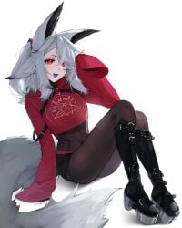 ceskyne cute_fang dya_rikku_(vtuber) face_markings female fox_ears skin_tight sleeves_past_fingers sleeves_past_wrists virtual_youtuber vyugen white_hair