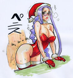 ass bent_over blush breasts breath censored christmas cleavage clothed_female_nude_male doggy_style fate/stay_night fate_(series) from_behind glasses gloves huge_ass kikuta large_breasts leotard long_hair medusa_(fate) no_panties purple_hair red_legwear santa_costume santa_hat sex spread_legs standing_doggy_style standing_sex sweat thighhighs trembling vaginal_penetration