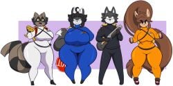 1boy 3girls big_breasts breasts dara_(dewwydartz) dewwy(dewwydartz) dewwydarts dewwydartz female furry huge_breasts samantha_(dewwydartz) striker_(dungeon_and_fighter) tagme thick_thighs wide_hips