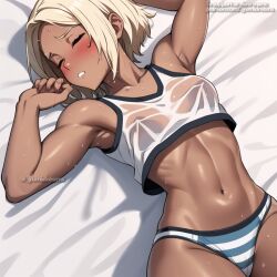 _yumidreams ai_generated blonde_hair blush dark-skinned_female dark_skin gym gym_uniform original original_character short_hair striped sweaty tanned_body tanned_female tanned_girl tanned_skin transparent_clothing workout