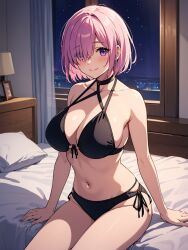 ai_generated bikini black_bikini breasts cleavage female female_focus female_only hair_over_one_eye mash_kyrielight mashu pink_hair purple_eyes shielder_(fate/grand_order) short_hair slow_poetry solo type-moon