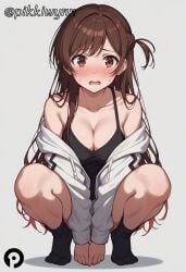 ai_generated bangs bare_shoulders black_shirt black_socks blush braid breasts brown_eyes brown_hair cleavage collarbone female jacket kanojo_okarishimasu large_breasts long_hair long_sleeves looking_at_viewer mizuhara_chizuru no_shoes off_shoulder one_side_up open_clothes open_mouth pikkiwynn shirt simple_background socks solo squatting very_long_hair white_background white_jacket