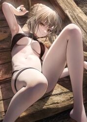 1girls absurd_res absurdres adult adult_female ankles arm_above_head arm_up armpits artoria_pendragon_(fate) bare_armpits bare_arms bare_belly bare_calves bare_chest bare_hands bare_knees bare_legs bare_midriff bare_navel bare_shoulders bare_skin bare_thighs bare_torso barefoot belly belly_button bikini bikini_bottom bikini_only bikini_top black_bikini black_bikini_bottom black_bikini_only black_bikini_top black_fingernails black_nail_polish black_nails black_swimsuit black_swimwear blonde_eyebrows blonde_female blonde_hair blonde_hair blonde_hair_female braid braided_bun braided_hair breasts breedable brown_background calves cleavage covered_areola covered_areolae covered_nipples dot_nose elbows exposed exposed_armpits exposed_arms exposed_belly exposed_feet exposed_heels exposed_legs exposed_midriff exposed_shoulders exposed_thighs exposed_toes exposed_torso fate/grand_order fate/stay_night fate_(series) feet female female_focus female_only fingernails fingers frown frown_eyebrows frowning frowning_at_viewer full_body hair_between_eyes hair_bun half_naked hand_above_head hand_up head_tilt high_resolution highres knee_up kneepits knees laying_down laying_on_back leg_up legs light-skinned_female light_skin lips looking_at_viewer mature mature_female medium_breasts nail_polish nails naked naked_female nanaken_nana navel nude nude_female outdoor outdoor_nudity outdoors outside saber_alter short_hair shoulders sidelocks skinny skinny_female skinny_girl skinny_waist slender_body slender_waist slim_girl slim_waist solo swimsuit swimwear thick_thighs thighs thin_waist tilted_head underboob yellow_eyes yellow_eyes_female