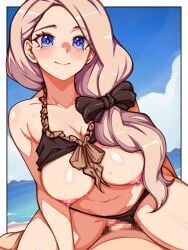 1boy 1girls alternate_costume bare_midriff bare_thighs beach bikini bikini_aside blonde_hair blue_eyes breasts breasts_out brown_bikini brown_hair brown_swimsuit cowgirl_position female female_focus female_on_top fire_emblem fire_emblem:_three_houses fire_emblem_heroes hair_over_shoulder large_breasts long_hair male mercedes_von_martritz mercedes_von_martritz_(summer) midriff mimizunooka navel nintendo nipples ocean official_alternate_costume outdoors penis pussy sex side_ponytail smile solo_focus straddling sweat swimsuit swimsuit_aside thighs vaginal_penetration