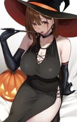 1girls absurd_res big_breasts black_choker black_dress black_gloves blush breasts brown_eyes brown_hair choker cleavage dress earrings elbow_gloves female gloves halloween hat hi_res holding holding_wand jewelry looking_at_viewer mole mole_under_eye necklace ol-chan_(udon) original pumpkin simple_background solo udon_(udonalium) wand white_background witch_hat