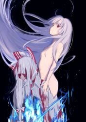 blue_fire cocoon fujiwara_no_mokou hatching nude nude_female red_eyes small_breasts touhou white_hair