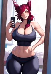 abs ai_generated big_breasts breasts cleavage exercise_clothing facial_markings huge_breasts large_breasts league_of_legends leggings mirror nai_diffusion red_hair red_lipstick riot_games selfie smile stable_diffusion tank_top thick_thighs tight_clothing toned toned_female vastaya whisker_markings workout_clothes xayah yellow_eyes