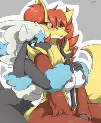 anthro breasts canine delphox female fox frau_(zerofox1000) furfrou furry glasses mahoxy maya_(zerofox1000) nipples pokemon poodle trimmien yuri zerofox1000