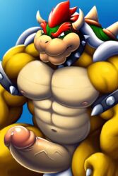 abdomen ai_generated anthro arms_down biceps big_balls big_cock big_muscles big_penis bowser closed_mouth cum cum_on_penis erection eyes horns huge_balls huge_cock legs looking_at_penis male mario_(series) mouth_hold muscle muscles muscular muscular_arms muscular_male nipples no_humans no_panties no_underwear nude nude_male nudity open_eyes penis red_hair scalie shell short_hair smile solo solo_male spikes testicles uncensored white_horns yellow_body