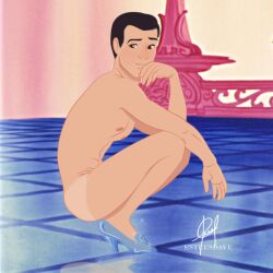 1boy 2015 artist_name ass black_hair brown_eyes character_name cinderella_(1950_film) color copyright_name crossdressing digital_media_(artwork) disney esteesdave gay glass_slipper heels high_heels human indoors looking_at_viewer male manly_crossdresser mostly_nude mostly_nude_male nipples pale-skinned_male pale_skin pinup prince_charming shoes short_hair solo solo_male squatting tanline uncensored yaoi