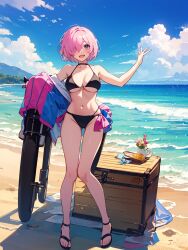 ai_generated bikini black_bikini breasts cleavage female female_focus female_only hair_over_one_eye mash_kyrielight mashu pink_hair purple_eyes shielder_(fate) shielder_(fate/grand_order) short_hair slow_poetry solo type-moon