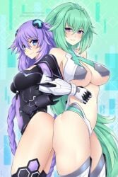 2girls asses_touching back_to_back big_breasts bodysuits clothed green_hair green_heart green_heart_(neptunia) huge_ass huge_breasts neptune_(neptunia) neptunia_(series) purple_heart purple_heart_(neptunia) thick_thighs twintails vert