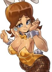 1girls big_breasts blue_eyes bow breasts brown_hair bunny_ears bunny_tail bunnysuit cleavage detached_collar earrings female fishnets flower_earrings large_breasts looking_at_viewer mario_(series) moxydrawsmore nintendo orange_bow orange_bunnysuit playboy_bunny princess_daisy short_hair simple_background solo solo_female solo_focus white_background