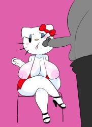 blue_eyeshadow breasts_out breasts_out_of_clothes cheek_poke half-closed_eyes hello_kitty hello_kitty_(character) hello_kitty_(series) high_heels kitty_white penis_on_cheek penis_on_face poking_with_penis red_dress sanrio savagensfw