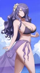 1girls alternate_costume bikini blue_sky breasts camilla_(fire_emblem) camilla_(summer)_(fire_emblem) cleavage closed_mouth cloud day female female_only fingernails fire_emblem fire_emblem_fates fire_emblem_heroes flower hair_flower hair_ornament hair_over_one_eye highres large_breasts long_hair looking_at_viewer navel nintendo official_alternate_costume one_eye_covered outdoors purple_bikini purple_nails purple_sarong purple_swimsuit sarong see-through see-through_sarong shou_illust sky smile solo stomach swimsuit wavy_hair
