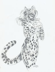 2014 anthro breasts covering feline female furry heather_bruton nude ocelot pussy sketch solo