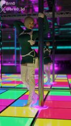 3d 3d_(artwork) ada_wong asian asian_female black_lipstick blender blonde_female blonde_hair brn0 clothed clothed_female dance_floor green_clothing gun_holster holster leather_boots leather_gloves lipstick looking_at_viewer nightclub peace_sign pole pole_dancing resident_evil resident_evil_4_remake self_upload short_hair sweater tagme thighhigh_boots watermark white_clothing