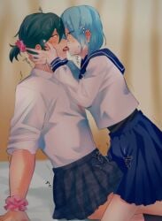 2boys blue_hair clothed_sex crossdressing dry_humping embarrassed femboy feminine_male frottage gay green_hair gyaru intimate inumuta_houka kissing male male_only medium_hair multiple_boys pale_skin ponytail romantic saliva sanageyama_uzu school_uniform scrunchie seifuku skirt sweat sweatdrop sweating tan_skin tongue yaoi