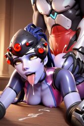 ahe_gao ai_generated bodysuit dark_hair doggy_style domination glowing_eyes omega-weirdo overwatch overwatch_2 patreon ponytail smile talon_(overwatch) talon_trooper tongue_out widowmaker yellow_eyes