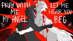 2boys angel angst artistic artistic_nude background blood canon_couple color colored demon devil dialogue dirk_strider faceless_character faceless_male full_color gay homestuck jake_english male male_focus male_only nude nude_male nudity short_hair short_hair_male spiky_hair svetoshumovaya yaoi