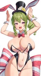 ajidot bowtie breasts bunnysuit cleavage detached_collar detached_sleeves earrings erato_(last_origin) fake_rabbit_ears green_hair hat huge_breasts last_origin leotard navel pink_eyes see-through side_ponytail thigh_gap top_hat white_background