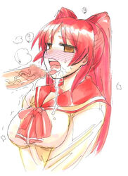 breasts censored cleavage clothing cum cum_in_mouth ejaculation erection facial fellatio hair huge_breasts kikuta kousaka_tamaki large_breasts oral orgasm penis red_eyes red_hair to_heart_(series) to_heart_2 unseen_male_face