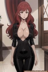 ai_generated aindroidparanoid ass breasts brown_eyes cleavage gigantic_breasts hips hourglass_figure huge_breasts latex latex_clothing latex_suit long_hair lupin_iii massive_breasts mine_fujiko narrow_waist nipples orange_hair slim_waist stable_diffusion voluptuous wavy_hair wide_hips