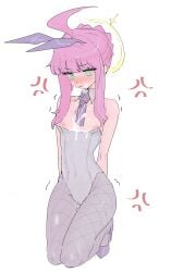 absurdres ahoge anger_vein animal_hood aqua_eyes bare_shoulders blue_archive blush breasts commentary cum cum_on_body cum_on_breasts detached_collar dokunasubi facial female fishnet_pantyhose fishnets grey_pantyhose halo high_heels highres hood kaya_(blue_archive) long_hair looking_at_viewer nipples pantyhose pink_hair playboy_bunny purple_shoes rabbit_hood shoes simple_background small_breasts solo tears white_background