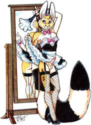 2012 anthro balls bassarisk bottomless chester_ringtail_magreer crossdressing feather_duster fishnet furry havoc_inc. high_heels looking_at_viewer maid_uniform male male_only miner’s_cat mirror penis ring-tailed_cat ringtail skirt solo terrie_smith