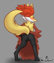 anthro anus ass barefoot blush canine delphox eyelashes fennec fox fur furry furry_only grey_background looking_at_viewer looking_back mahoxy nintendo ohmuu orange_eyes orange_fur orange_nose plain_background pokemon possible_duplicate presenting presenting_hindquarters red_fur robe solo standing video_games white_eyes white_fur yellow_fur