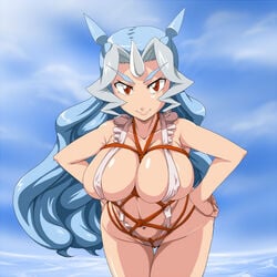 1girls 2008 big_breasts bikini blue_hair breasts clair_(pokemon) cloyster female hair hands_on_hips horn human humanized jouwan long_hair looking_at_viewer navel nintendo pokemon red_eyes skimpy sling_bikini solo swimsuit video_games