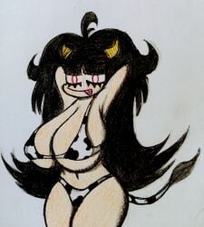 1girls :p bikini black_hair breasts cow_horns cow_print cow_print_bikini cow_tail female female_only krala_ulti large_breasts navel needlemouse_(series) red_eyes sarah_henderson_(needlemouse) smile sonic.exe_(series) tagme tail thighs tongue tongue_out traditional_media_(artwork)