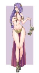 1girls alternate_costume alternate_hairstyle armlet belly_dancer belly_dancer_outfit bikini black_footwear blush boots braid breasts camilla_(fire_emblem) chain chain_leash commission cosplay covering_breasts covering_privates crossover fire_emblem fire_emblem_fates freckles full_body grin hair_ornament hair_over_one_eye harem_girl harem_outfit highres holding_bra igni_tion jewelry large_breasts lavender_hair leash loincloth long_hair looking_at_viewer metal_bikini navel one_eye_covered pelvic_curtain princess_leia princess_leia_(cosplay) purple_eyes purple_hair shoes slave slave_bikini slave_collar slave_leia_(cosplay) slave_outfit slavegirl smile solo star_wars stomach swimsuit unworn_bikini_top
