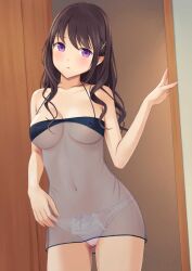 belly_button black_hair cameltoe collarbone doorframe female_only hairclip light_blush looking_aside medium_breasts n.g. nipple_bulge original original_character panties purple_eyes see-through_clothing thick_thighs