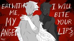 2boys angel angst artistic artistic_nude background blood canon_couple color colored demon devil dialogue dirk_strider faceless_character faceless_male full_color gay homestuck jake_english male male_focus male_only nude nude_male nudity short_hair short_hair_male spiky_hair svetoshumovaya yaoi