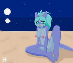 anthro beach big_breasts blue_body blue_eyes blue_hair breasts female fish furry hair honwell marine moon myrl nude pink_nipples pussy seaside shark shiny