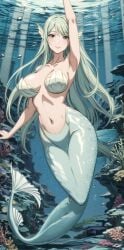 1girls ai_generated belly_button covered_nipples female hi_res highres light_green_eyes light_green_hair long_hair mermaid milf pixai reef smile solo underwater