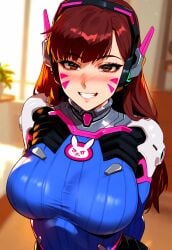 1girls ai_generated animal_print arms_behind_back bangs blue_bodysuit blurry blush bodysuit breasts brown_eyes brown_hair bunny_print clothing completely_nude curvaceous curvaceous_female curvaceous_figure curvy curvy_figure d.va d.va_(overwatch) facepaint facial_mark female female female_focus floxin grin hana_song headphones headset indoors large_breasts long_hair looking_at_viewer overwatch overwatch_2 pilot_suit ribbed_bodysuit skin_tight smile solo swept_bangs upper_body voluptuous voluptuous_female whisker_markings window